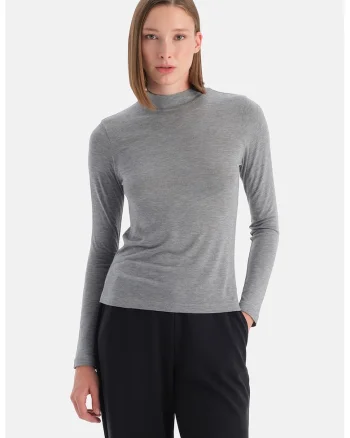 Bluza uni slim fit cu guler scurt, Gri deschis melange
