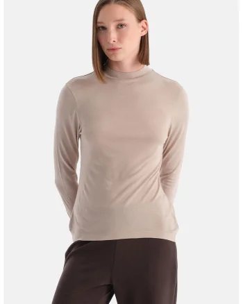 Bluza uni slim fit cu guler scurt, Bej melange