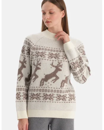 Pulover cu tematica de Craciun si maneci raglan, Maro/Alb murdar