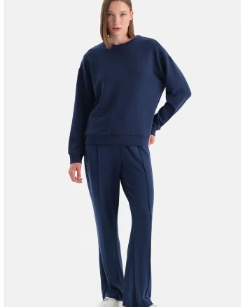 Pantaloni sport relaxed fit din amestec de modal cu talie medie, Albastru inchis