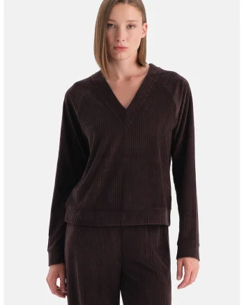 Bluza de trening cu decolteu in V si maneci raglan, Maro cognac
