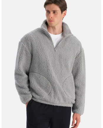 Bluza de trening din teddy cu fenta cu fermoar, Gri cenusiu
