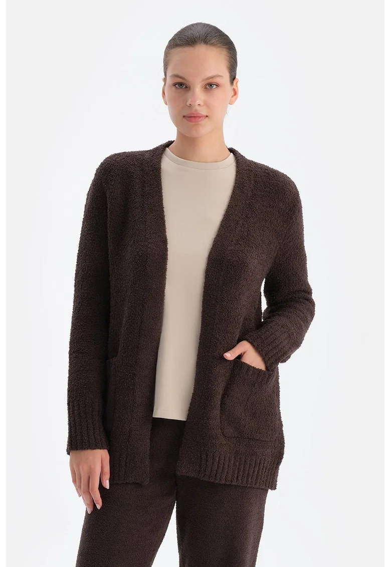 Cardigan din material terry fara inchidere, Maro