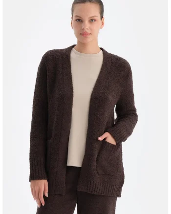 Cardigan din material terry fara inchidere, Maro