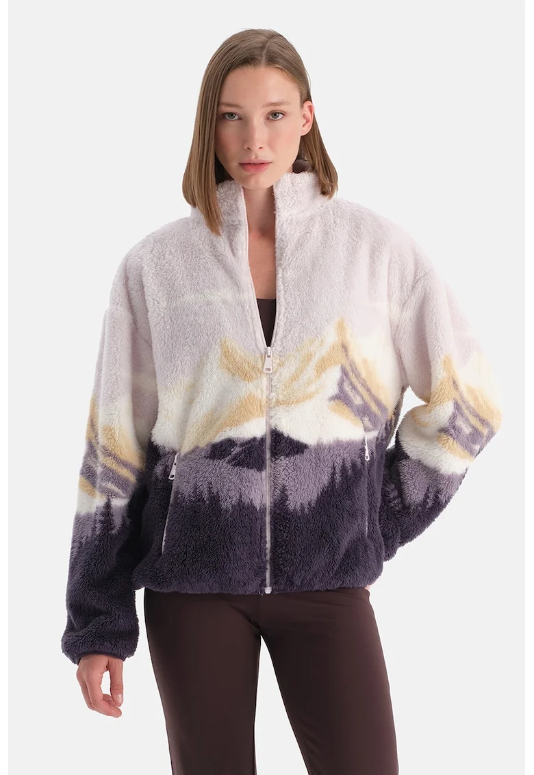 Bluza de trening din teddy cu imprimeu grafic, Alb/Bej/Violet prafuit