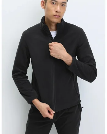 Bluza de trening din fleece cu guler scurt si fermoar, Negru
