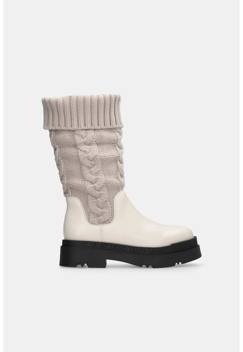 Cizme mid-calf din piele ecologica si tricot, Alb/Gri