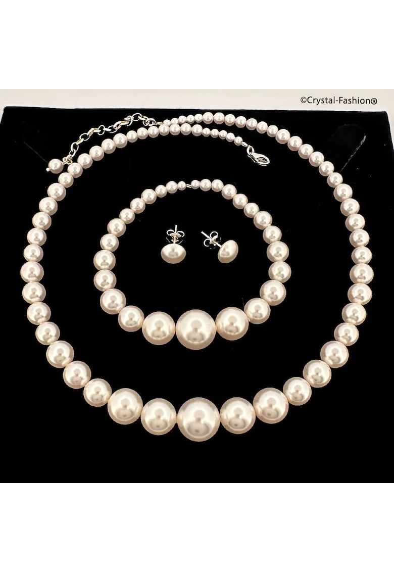 Set argint 925 cu perle Swarovski® Lady Pearl, colier-bratara-cercei, alb