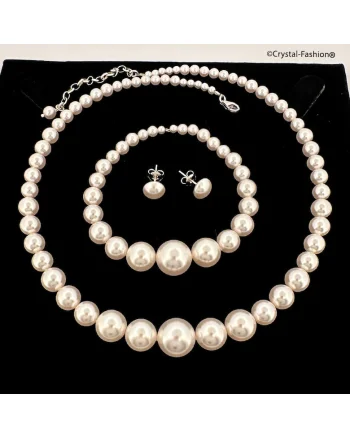 Set argint 925 cu perle Swarovski® Lady Pearl, colier-bratara-cercei, alb