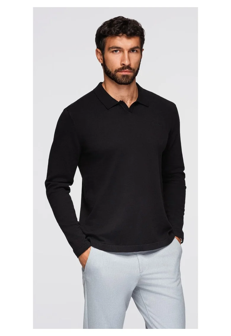 Bluza polo cu broderie pe piept  OM-POLS-0140, Negru
