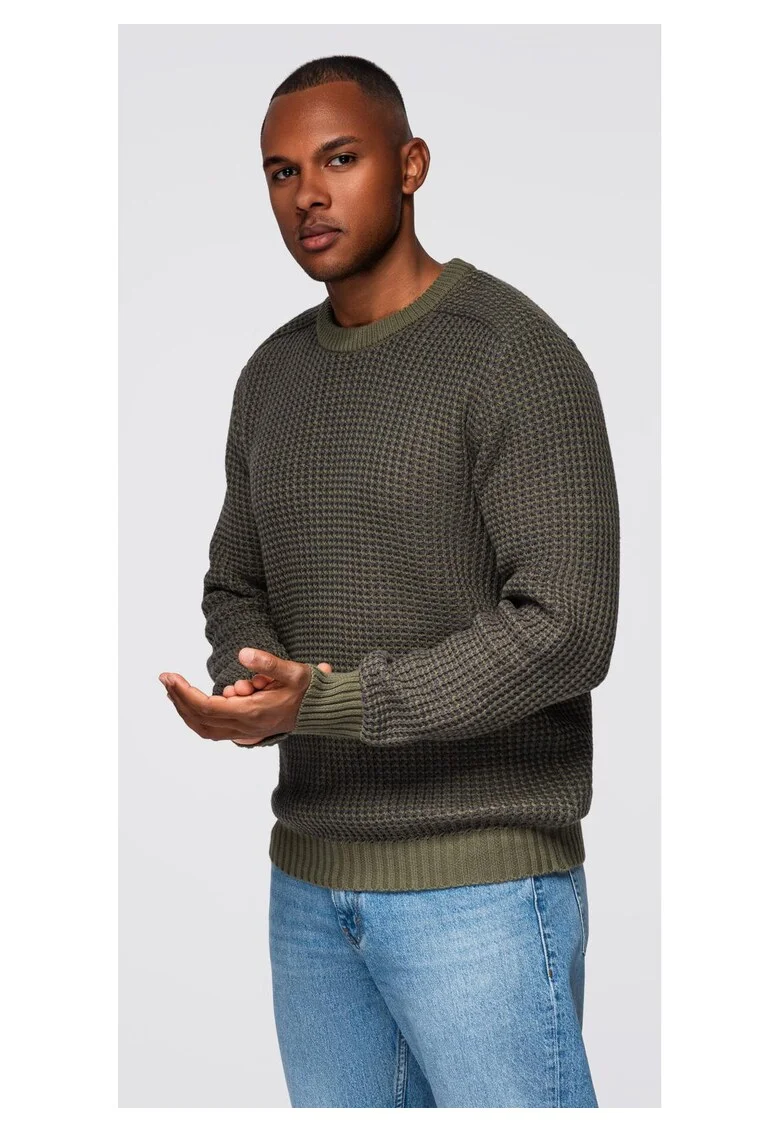 Pulover din tricot contrastant cu decolteu rotund  OM-SWSW-0122, Verde inchis