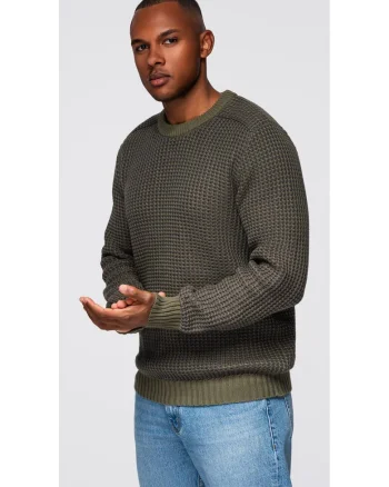 Pulover din tricot contrastant cu decolteu rotund  OM-SWSW-0122, Verde inchis