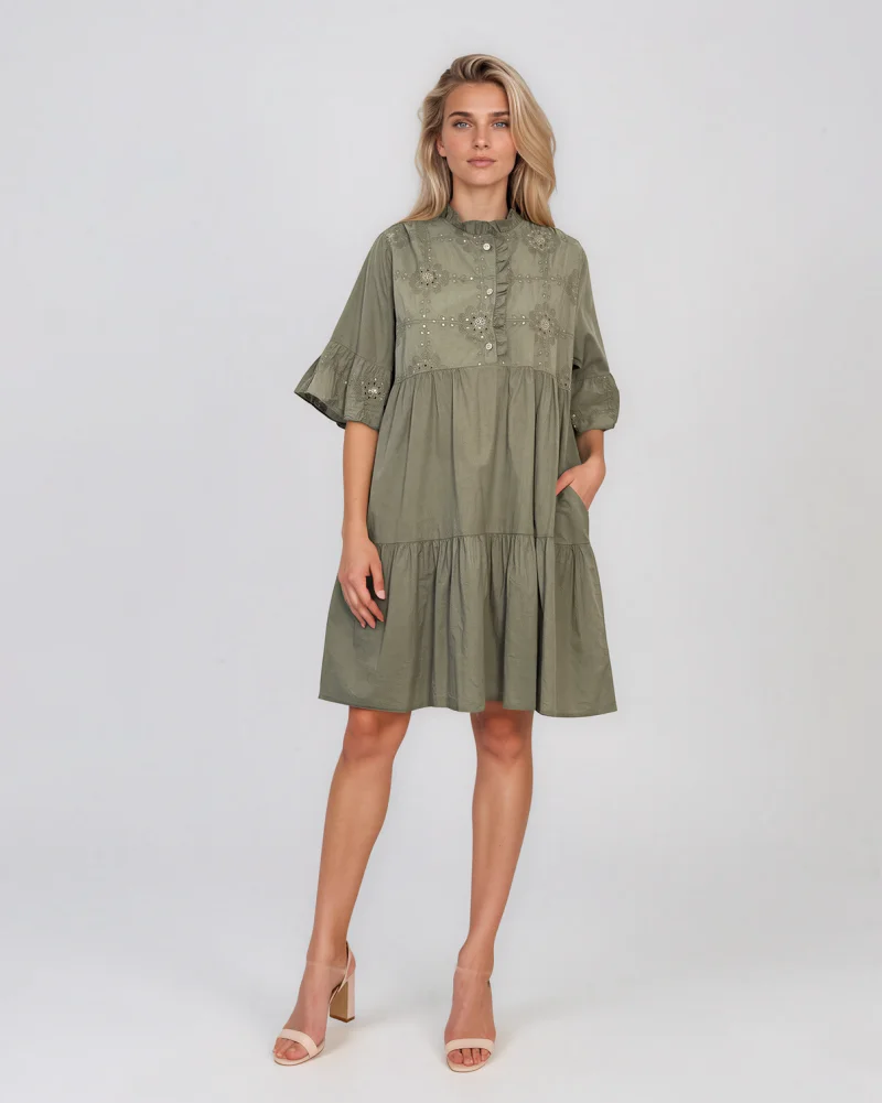Rochie baby-doll cu broderie și paiete kaki - Unica S-L