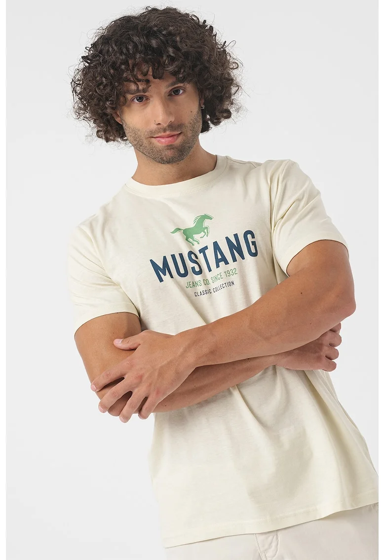 Tricou cu imprimeu logo, Verde aquamarin/Bej deschis/Bleumarin