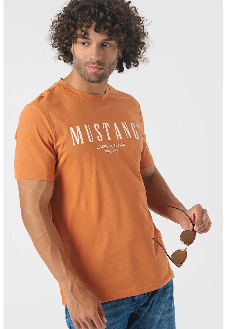 Tricou cu decolteu la baza gatului si imprimeu logo, Portocaliu stins