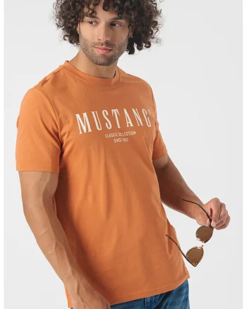 Tricou cu decolteu la baza gatului si imprimeu logo, Portocaliu stins