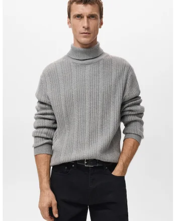 Pulover cu model torsade cu guler inalt, Gri melange