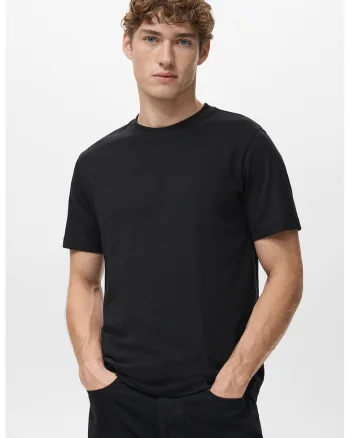 Tricou slim-fit din bumbac cu decolteu la baza gatului, Negru