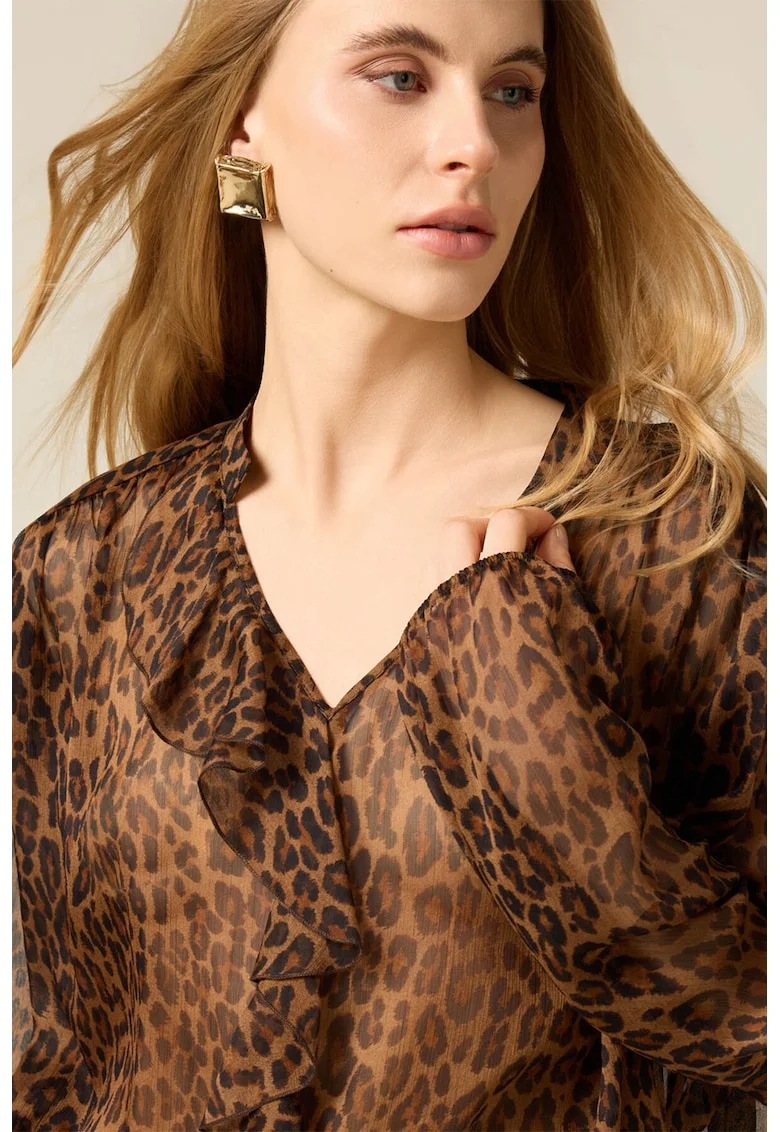 Bluza lejera cu animal print si volane, Negru stins/Caramel