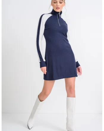 Rochie mini cu maneci lungi si fenta cu fermoar, Alb/Bleumarin