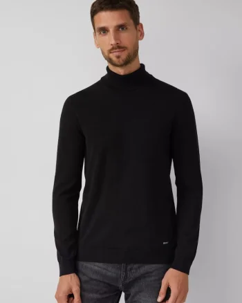 Pulover barbati cu guler inalt, din bumbac, Negru