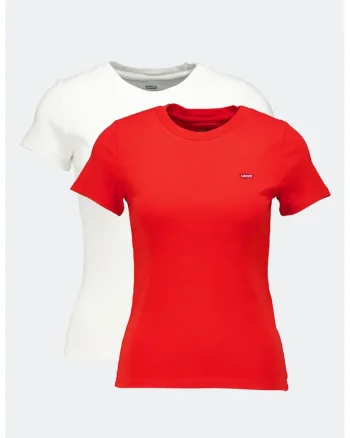 Set de tricouri slim fit de bumbac cu decolteu rotund - 2 piese, Rosu/Alb