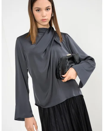 Bluza din satin cu guler scurt, Gri carbune