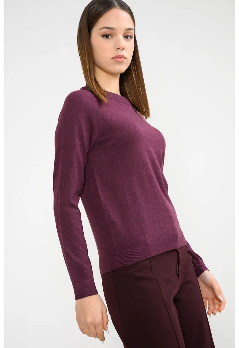 Pulover cu decolteu la baza gatului si model uni Happiness, Violet tyrian