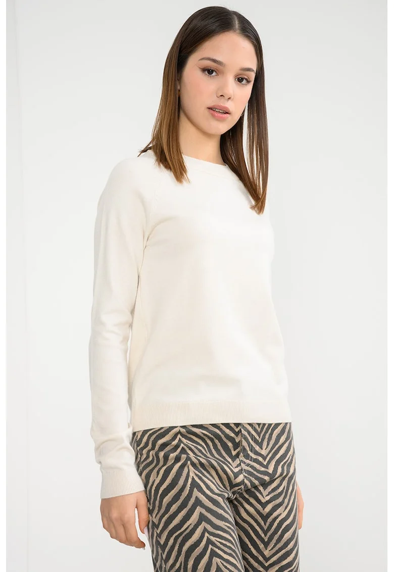 Pulover cu decolteu la baza gatului si model uni Happiness, Alb fildes