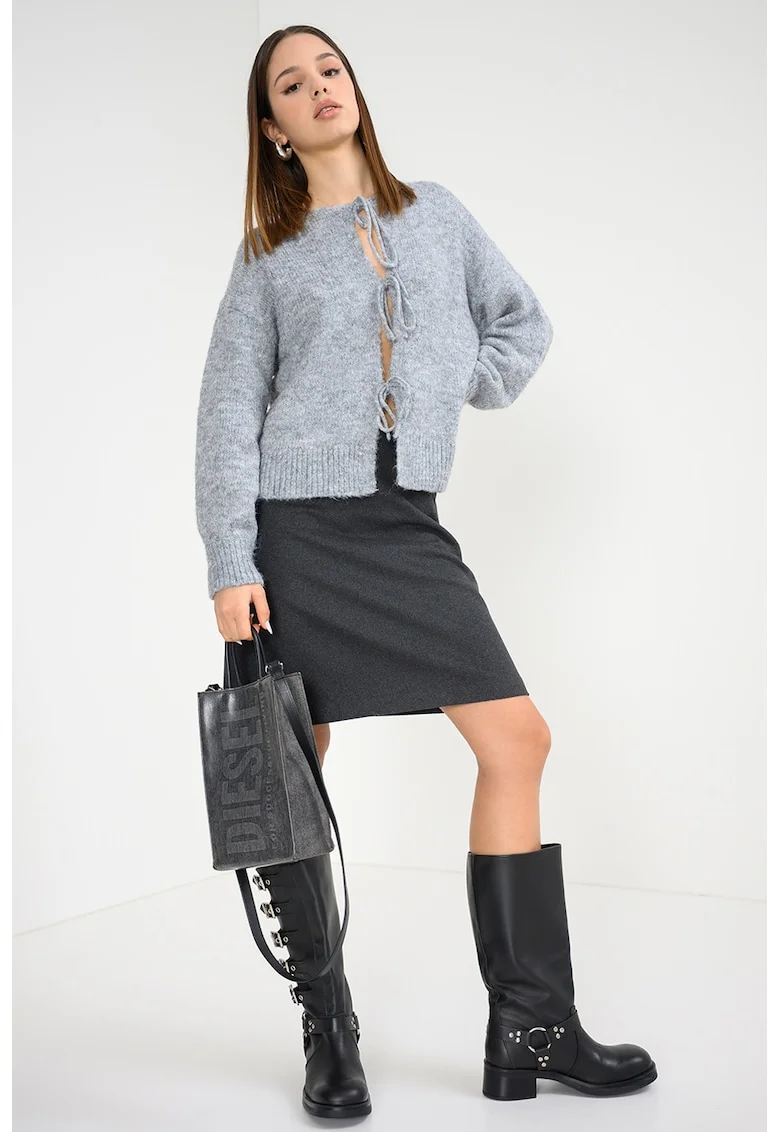 Cardigan pufos cu snururi de ajustare, Gri deschis melange