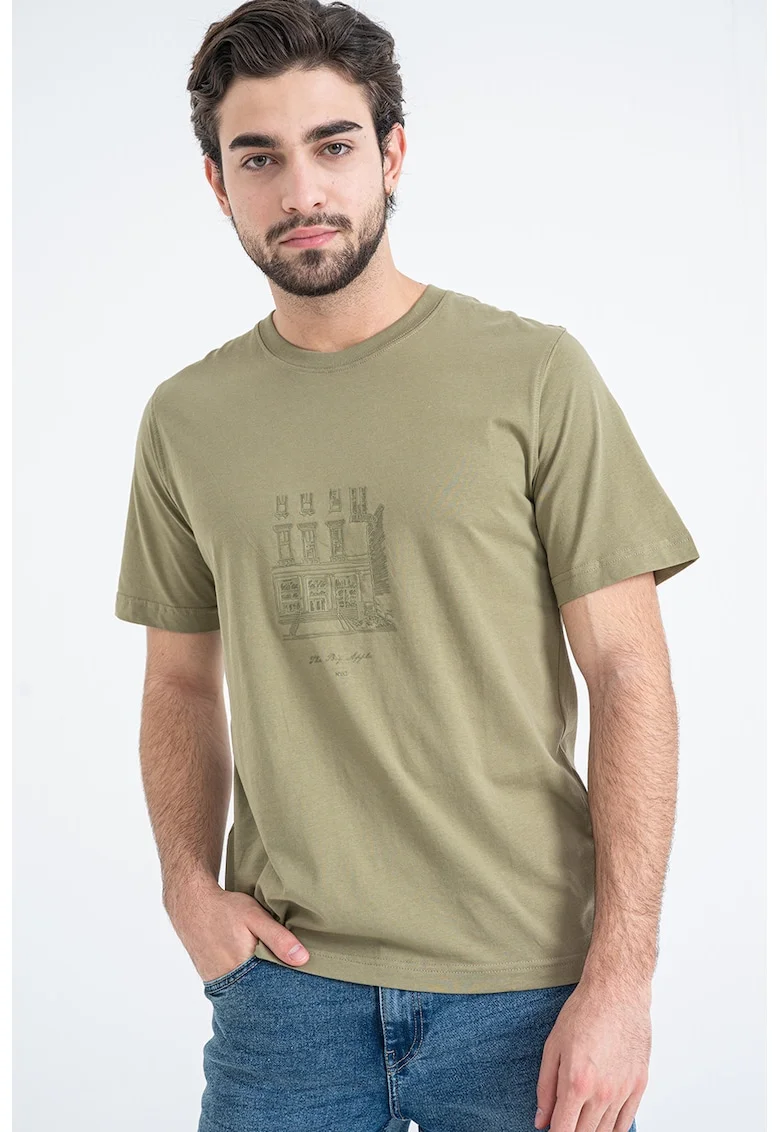 Tricou din bumbac organic cu imprimeu pe piept Blabreeze, Kaki