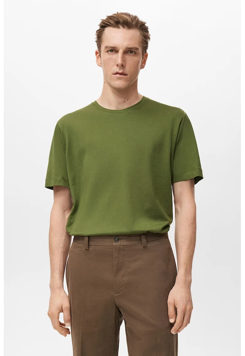Tricou din bumbac cu decolteu la baza gatului, Verde masliniu
