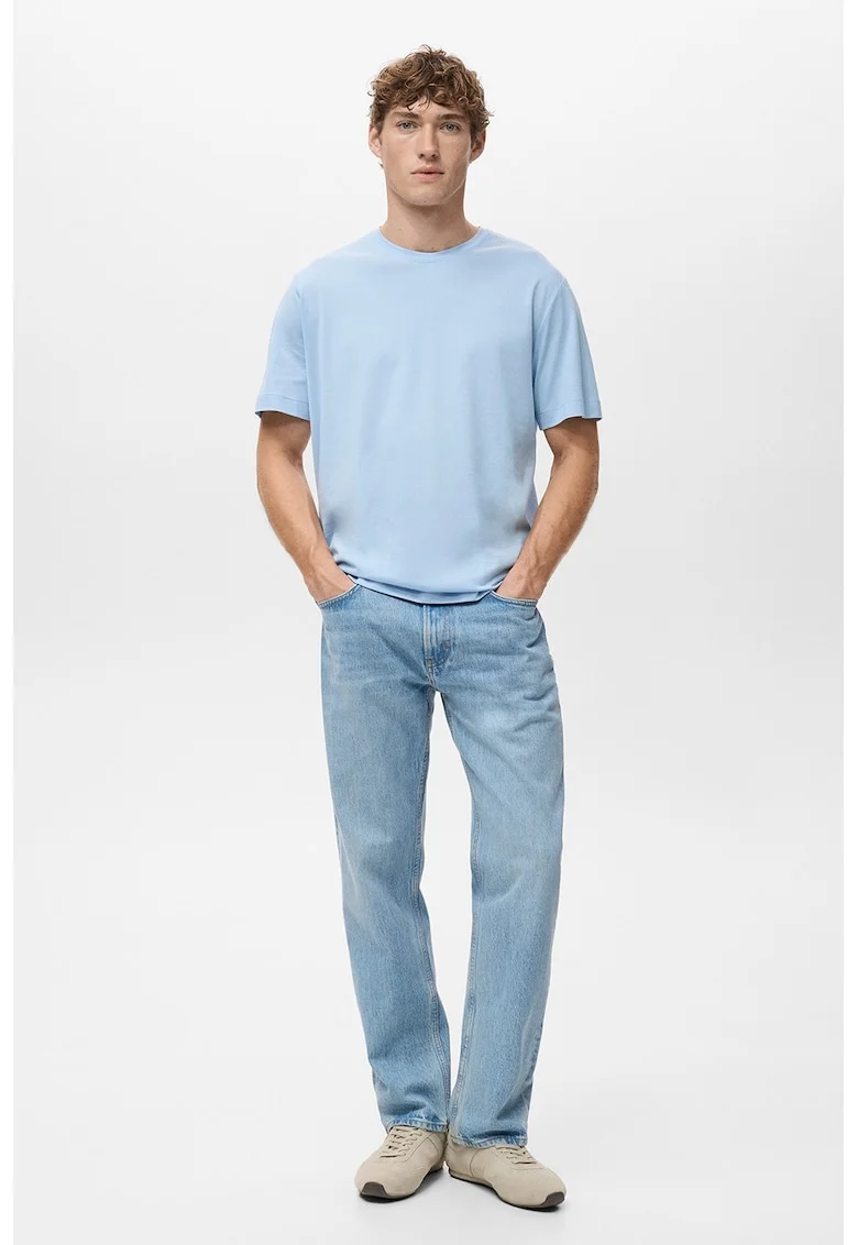 Tricou din bumbac cu decolteu la baza gatului, Albastru pastel
