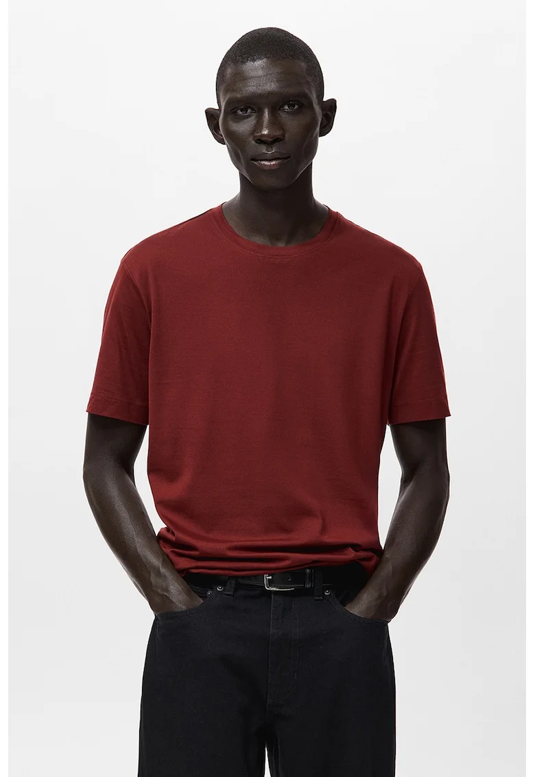 Tricou din bumbac cu decolteu la baza gatului, Rosu inchis