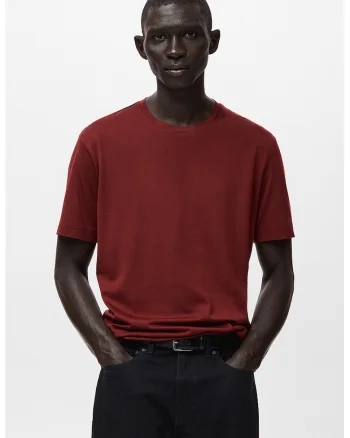 Tricou din bumbac cu decolteu la baza gatului, Rosu inchis