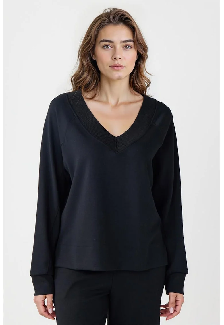 Bluza de trening din amestec de modal cu croiala lejera si decolteu in V, Negru