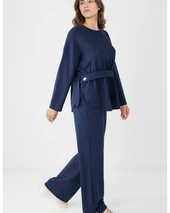 Pantaloni drepti din amestec de modal cu buzunare, Bleumarin