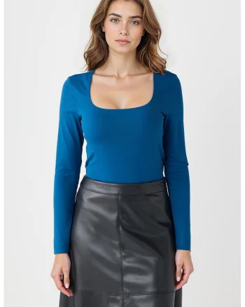 Bluza slim fit cu decolteu patrat, Albastru petrol