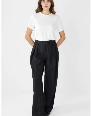 Pantaloni cu croiala ampla, dungi si talie inalta, Negru