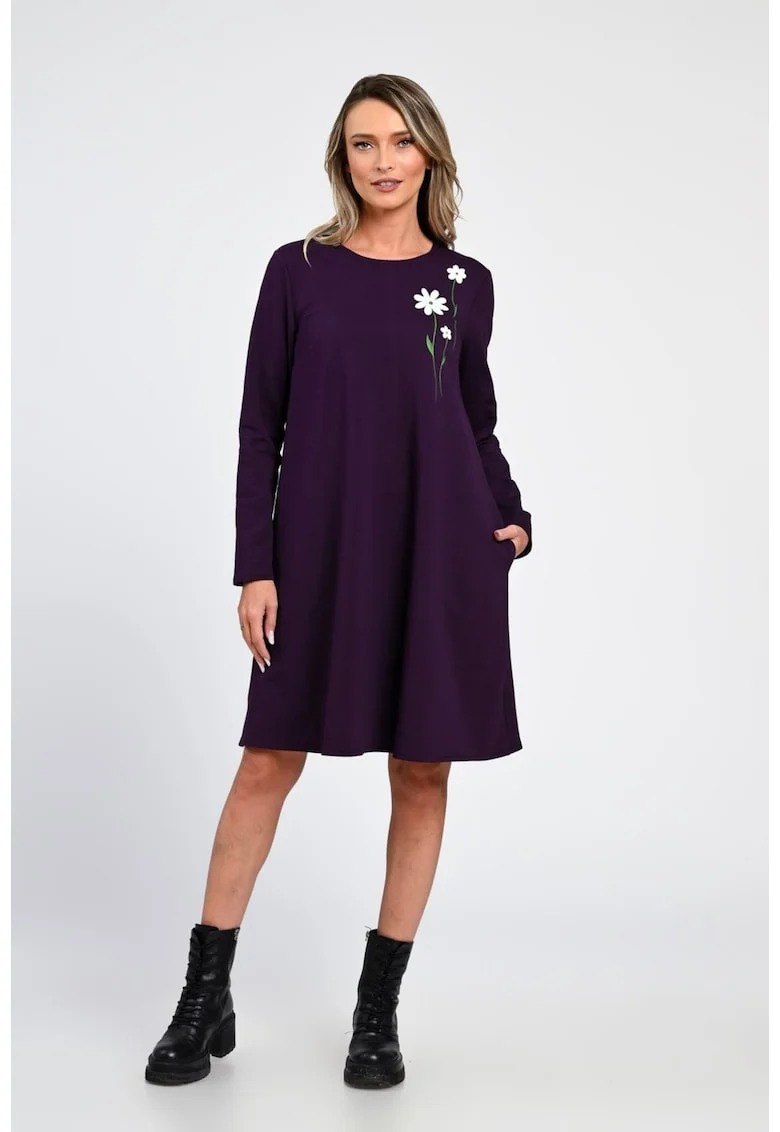Rochie Dama,  A-Line, cu Buzunare Laterale si Pictura Realizata Manual V365, Alb
