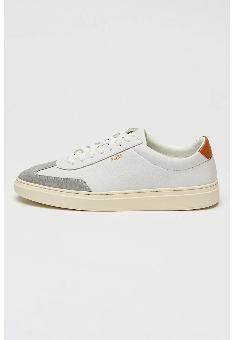 Pantofi sport de piele granulata cu banda contrastanta, Alb/Gri