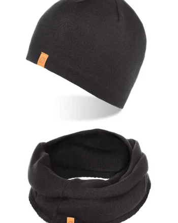 Set caciula si fular barbati, Brodrene, Fleece, Dimensiune universala, Negru