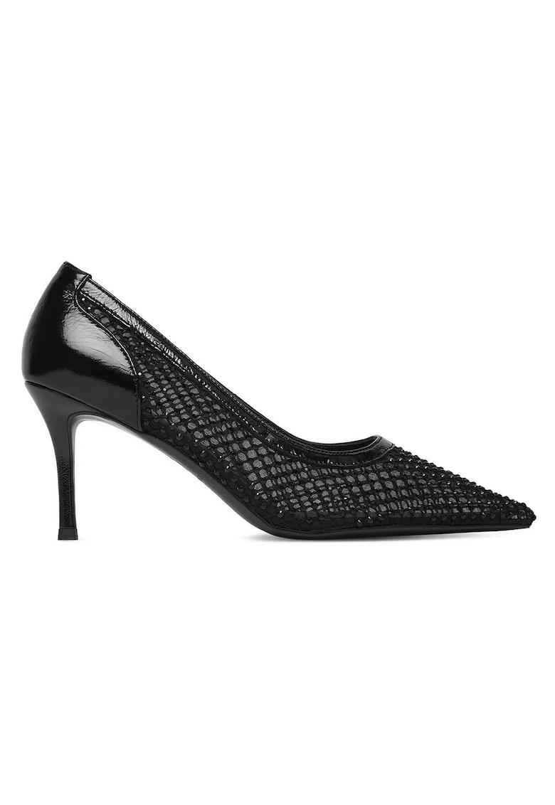 Pantofi dama,  toc ascutit, negru, textil,