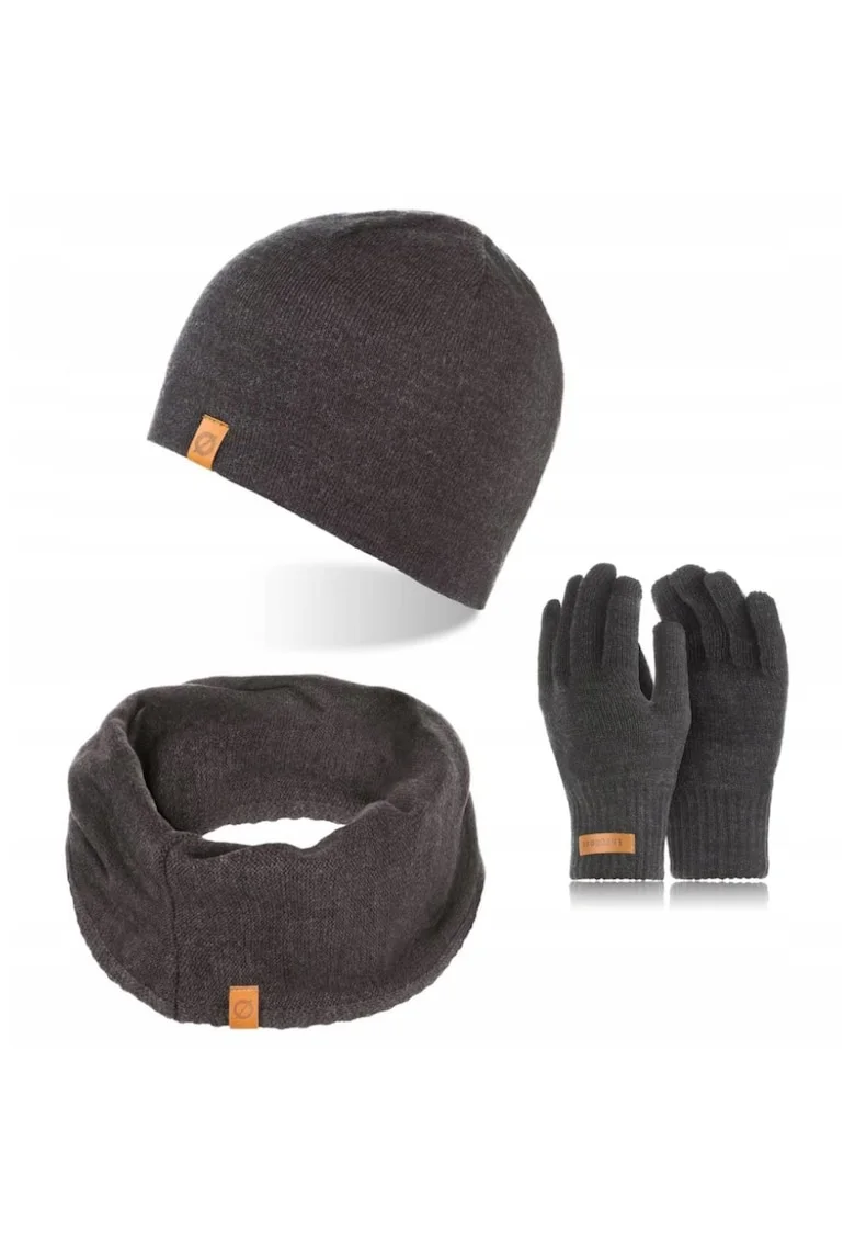 Set caciula cu manusi si fular Brodrene, Acril, Universal, Gri inchis