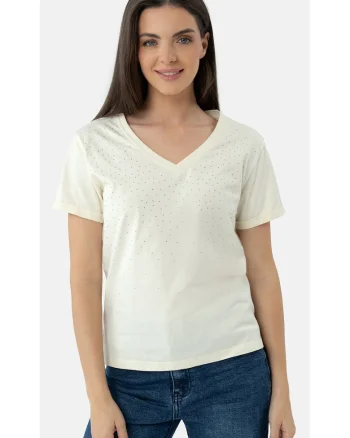 Tricou din bumbac cu strasuri, dama, Regular Fit,  T-Meli, crem, XXL