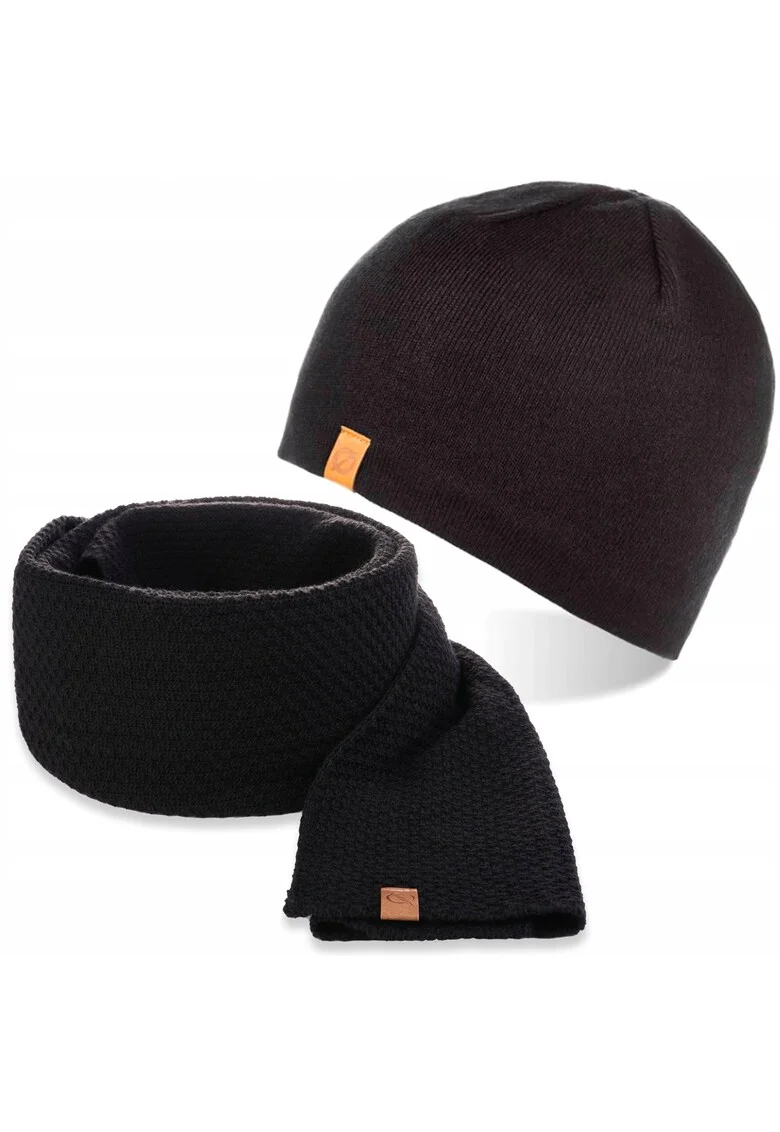 Set caciula si fular barbati, Brodrene, Fleece, Dimensiune universala, Negru