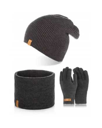 Set caciula cu manusi si fular Brodrene, Acril, Universal, Gri inchis