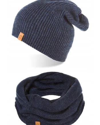 Set caciula si fular barbati Brodrene, Acril, Albastru inchis