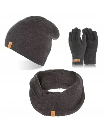 Set caciula cu manusi si fular Brodrene, Acril, Universal, Gri inchis