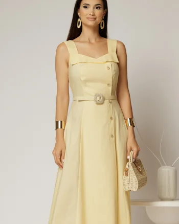 Rochie midi gabena din poplin cu nasturi si curea in talie